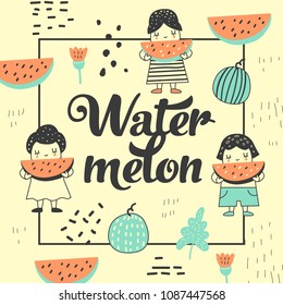 Childish Design with Cute Girls and Watermelons. Creative Kids Background for Cover, Birthday Card, Decoration. Vector illustration