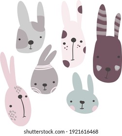  childish design elements with cute bunny. Creative hand drawn texture for fabric, wrapping, textile, wallpaper, apparel. Vector illustration