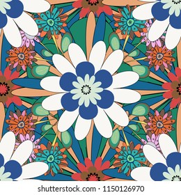 Childish design in gray, beige and blue colors. Vector seamless pattern with stylized doodle flowers. Cute floral background for textile, fabric, wrapping, scrapbooking.
