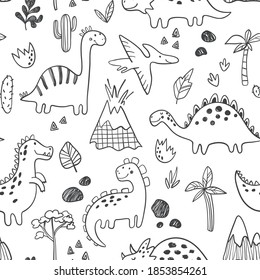 Childish Dino seamless pattern with hand drawn dinosaurs in scandinavian style. Cute vector nursery background for fabric, textile, apparel and other covering design