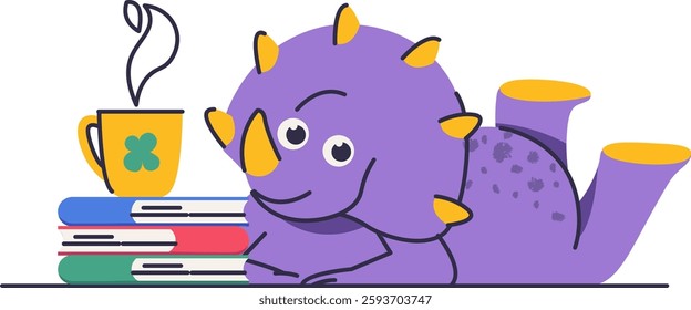 Childish Dinosaur With Book And Tea Vector Illustration