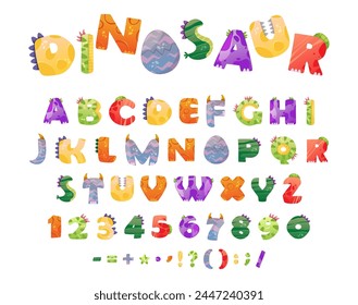 Childish dinosaur fonts for typography and nursery decor. Vector isolated set of letters, ABC alphabet, numbers and special characters or punctuation marks with dino tails, faces or spikes