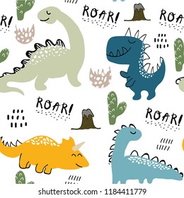 childish dinosaur seamless pattern for fashion clothes, fabric, t shirts. hand drawn vector with lettering