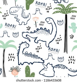 childish dinosaur seamless pattern for fashion clothes, fabric, t shirts. hand drawn vector with lettering