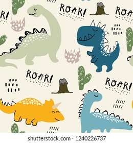 childish dinosaur seamless pattern for fashion clothes, fabric, t shirts. hand drawn vector with lettering.