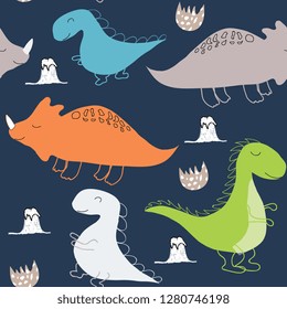 childish dinosaur seamless pattern for fashion clothes, fabric, t shirts. hand drawn vector with lettering