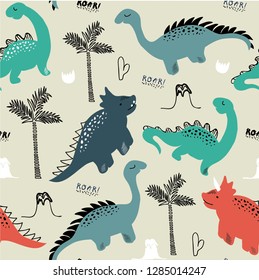 childish dinosaur seamless pattern for fashion clothes, fabric, t shirts. hand drawn vector with lettering