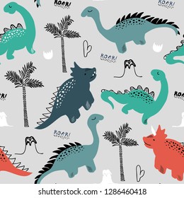 childish dinosaur seamless pattern for fashion clothes, fabric, t shirts. hand drawn vector with lettering