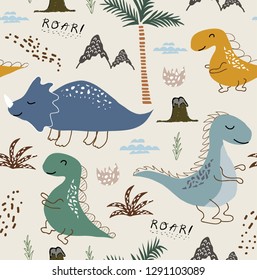 childish dinosaur seamless pattern for fashion clothes, fabric, t shirts. hand drawn vector with lettering