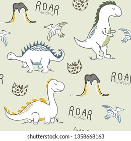 childish dinosaur seamless pattern for fashion clothes, fabric, t shirts. hand drawn vector with lettering