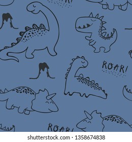 childish dinosaur seamless pattern for fashion clothes, fabric, t shirts. hand drawn vector with lettering