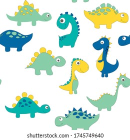 Childish dinosaur seamless pattern for fashion clothes, fabric, t shirts. hand drawn vector
