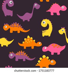 Childish dinosaur seamless pattern for fashion clothes, fabric, t shirts. hand drawn vector