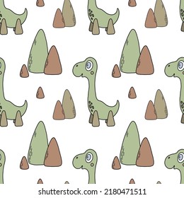 Childish dinosaur seamless pattern for fashion clothes, fabric, t-shirts. Hand drawn vector illustration in green and brown colors.