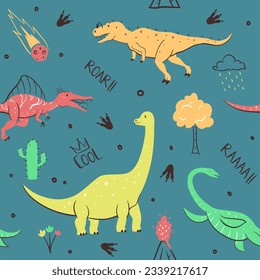 childish dinosaur seamless pattern for fashion clothes, fabric, t shirts. hand drawn vector with lettering.