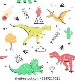 childish dinosaur seamless pattern for fashion clothes, fabric, t shirts. hand drawn vector with lettering.