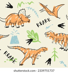 childish dinosaur seamless pattern for fashion clothes, fabric, t shirts. hand drawn vector with lettering.