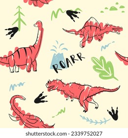 childish dinosaur seamless pattern for fashion clothes, fabric, t shirts. hand drawn vector with lettering.
