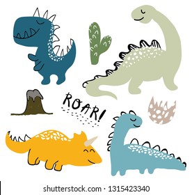 childish dinosaur vector set for fashion clothes, fabric, t shirts. hand drawn vector with lettering.