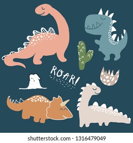 childish dinosaur vector set for fashion clothes, fabric, t shirts. hand drawn vector with lettering.