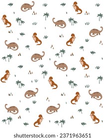 Childish dinosaurs pattern cute handdrawn. Seamless brown colors dinosaurs for kids textile and wallpaper . vector design