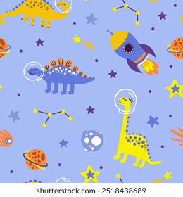 Dinosaurios infantiles en el espacio sin patrón. Dibujos animados coloridos lindos, dinosaurios alrededor de cepillos y estrellas en estilo plano.