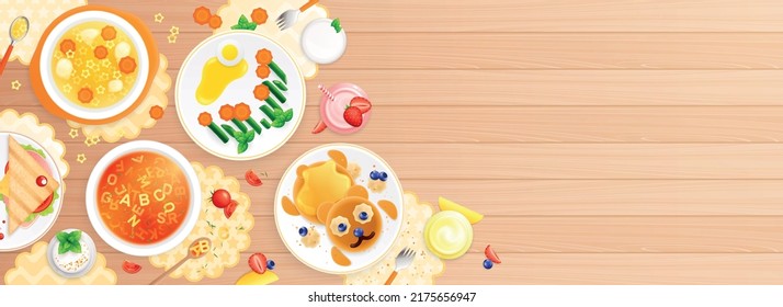 Childish Dishes Food Design Flat Top View Composition With Wooden Table Surface Background Food On Plates Vector Illustration