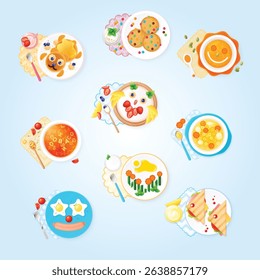 Childish dishes food design flat set with isolated compositions of served food on plates funny faces vector illustration