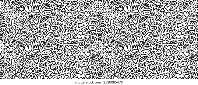 Childish doodle funky seamless pattern. Hand drawn vector wallpaper with kid's shapes. Creative naive style background. Childish funny simple vector illustrations. Doodle heart, arrow, star, eyes.