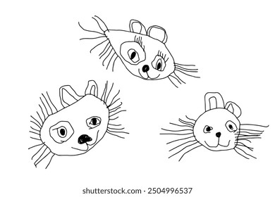 Childish doodle hand drawn animals - cute cats with eyes and ears. Vector illustration