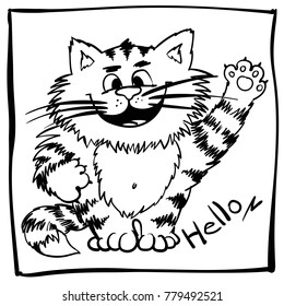 Childish doodle happy cat for kids coloring book. Funny outline kitty for babyish commercial. The striped cat waves a paw and smile