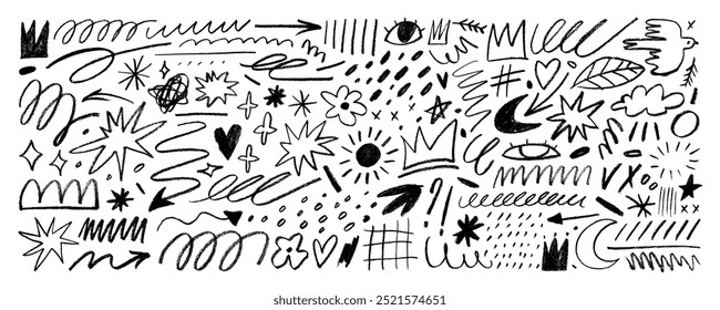 Líneas de doodle infantil y colección de Formas dibujadas con un crayón. Garabatos dibujados a mano a lápiz, garabatos y garabatos para el diario y notas. Dibujo infantil a mano alzada. Trazos de Vector de crayón ásperos.