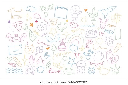 Doodle infantil delinean la colección de los Elementos. Animales dibujados a mano, plantas y objetos en estilo garabato infantil. Ilustración vectorial