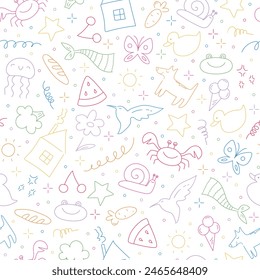 Un doodle chilien  motif harmonieux de éléments. Animaux dessinés à la main, nourriture, plantes et objets en style gribouillis des enfants. illustration vectorielle 