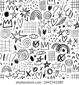 Childish doodle seamless pattern with pencil drawings. Vector crayon lines and shapes. Random childish or punk doodle elements. Hand drawn abstract scribbles and squiggles, creative various shapes.