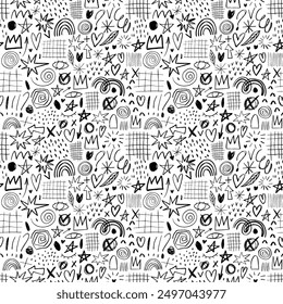 Childish doodle seamless pattern with pencil drawings. Vector crayon lines and shapes. Random childish or punk doodle elements. Hand drawn abstract scribbles and squiggles, creative various shapes.