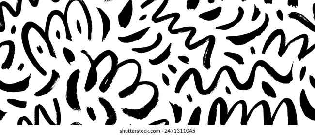 Childish doodle seamless pattern with squiggles and strokes. Chaotic ink brush scribbles decorative texture. Messy doodles, wavy and curly lines. Childish scribble wallpaper, confetti background.