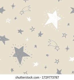 Childish doodle seamless vector star pattern. Kids hand drawn background