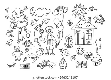 Childish doodle set of like kids drawings. Collection of ordinary children items in sketchy contour style isolated on white background. Monochrome outline stickers