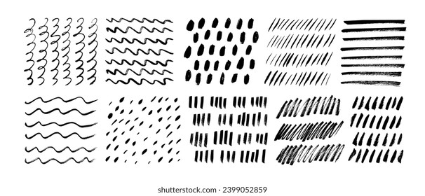 Childish doodle simple patterns and scribble texture. Abstract brush or pencil drawing. Vector ink minimal spots, dots, curves, dashes and straight lines. Set of geometric childish texture patterns.