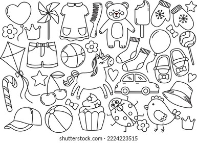Childish doodle vector illustration in cute hand drawn style, different objects 