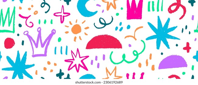 Childish doodles cute multi colored seamless pattern. Swirls, crowns, sparkles, bold circles and stars. Colorful charcoal drawn abstract shapes and various lines. Hand drawn creative shapes, lines.