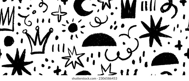 Childish doodles cute seamless pattern. Swirls, crowns, sparkles, bold circles and stars. Charcoal drawn abstract shapes and various lines. Hand drawn creative shapes, lines and figures design banner.