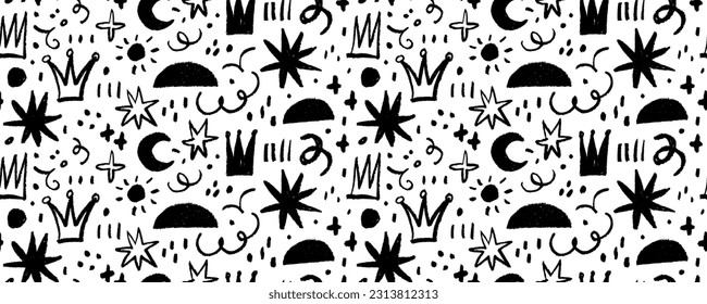 Childish doodles cute seamless pattern. Swirls, crowns, sparkles, bold circles and stars. Charcoal drawn abstract shapes and various lines. Hand drawn creative shapes, lines and figures design banner.