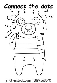 Childish dot-to-dot game with bear stock vector illustration. Connect the dots game with bear in sweater game for kids. Black and white vertical printable activity page. Puzzle to learn English abc
