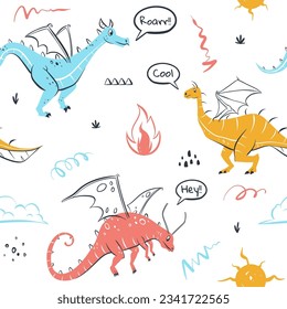 childish dragons seamless pattern for fashion clothes, fabric, t shirts. hand drawn vector with lettering.