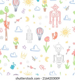 Childish drawing background. Cute kids painting on wall, children style images vector seamless pattern. Nature, robots and clouds, decorative nursery print