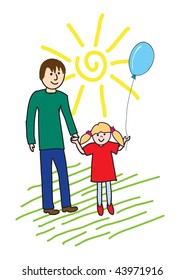 Childish drawing: happy dad and little daughter, vector illustration