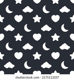 childish drawing with night design Vector seamless pattern, background with moon, stars, night pattern for textile