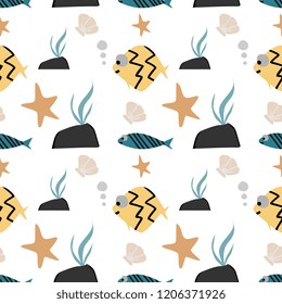 Childish drawing seamless pattern with cute fish and ocean vector illustration ready for fashion and kids textile print.